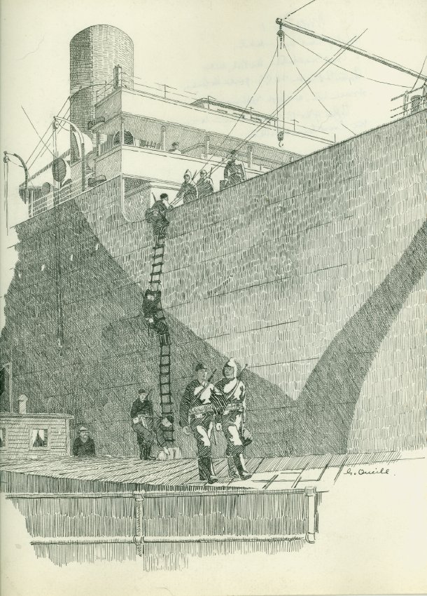 Sketch of a Coast Guard sentries securing munitions loading operations on a pier in New York Harbor. (Coast Guard Collection) Sketch of a Coast Guard sentries securing munitions loading operations on a pier in New York Harbor. (Coast Guard Collection)